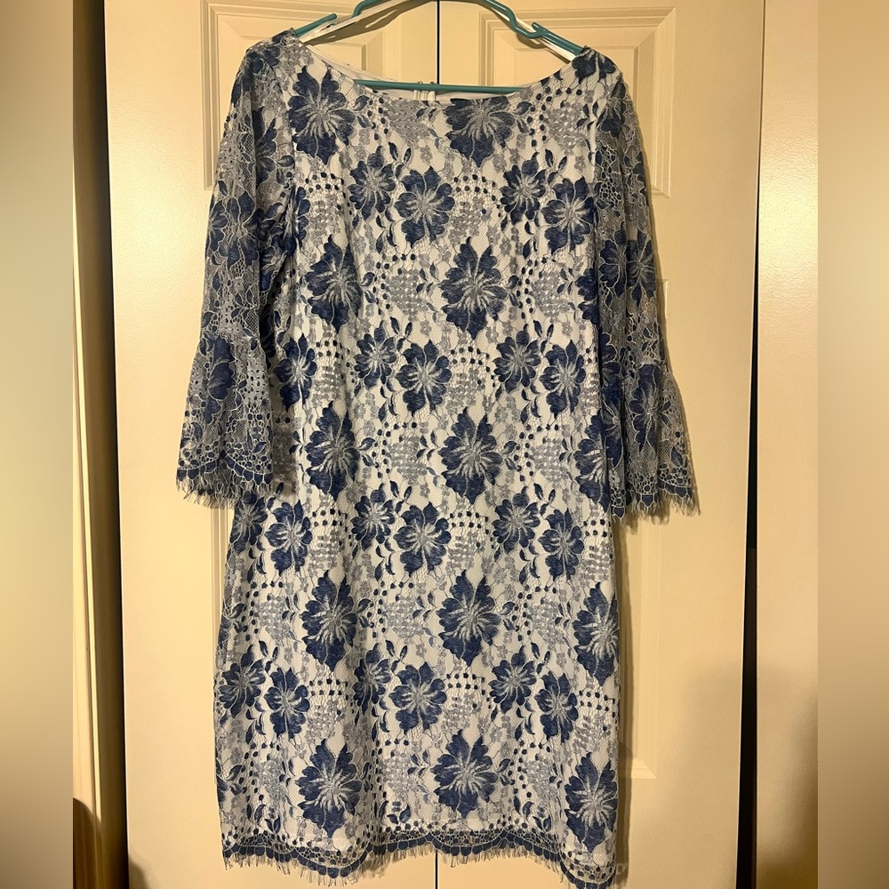 Jessica Howard white with blue flowers lace dress. Size 16